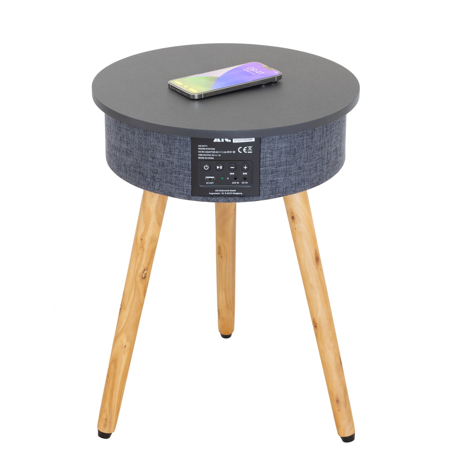 AIC - Mesa Altavoz Bluetooth Portátil, con Base de Carga inalámbrica para móviles Qi y Puerto de Carga USB