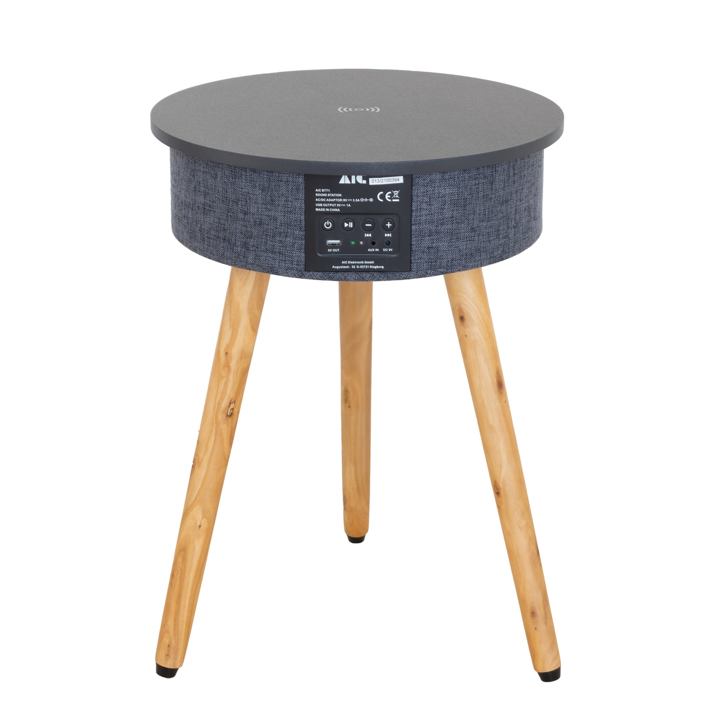 AIC - Mesa Altavoz Bluetooth Portátil, con Base de Carga inalámbrica para móviles Qi y Puerto de Carga USB