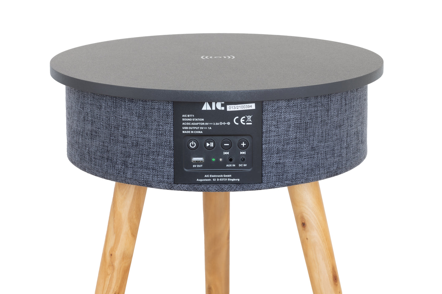 AIC - Mesa Altavoz Bluetooth Portátil, con Base de Carga inalámbrica para móviles Qi y Puerto de Carga USB