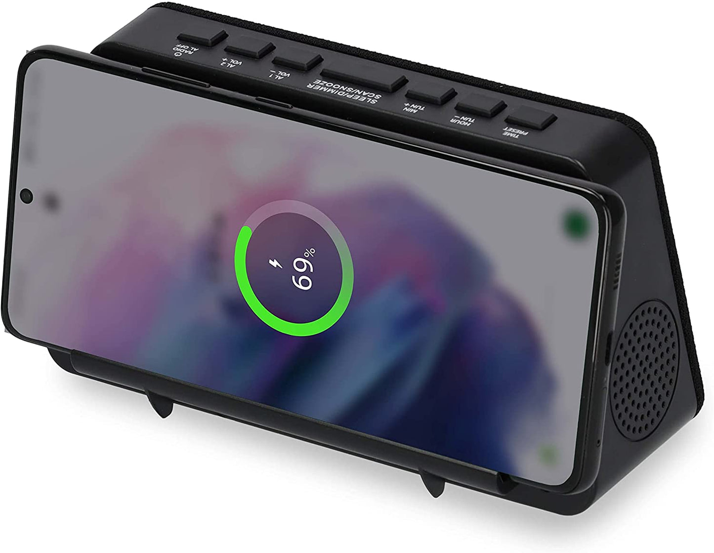 AIC - Radioreloj Despertador FM con Base de Carga inalámbrica QI para móviles, 10 Emisoras, Función de Alarma dual, Puerto de Carga USB, Atenuador "dimmer" de 3 pasos. Mod. WM3020i