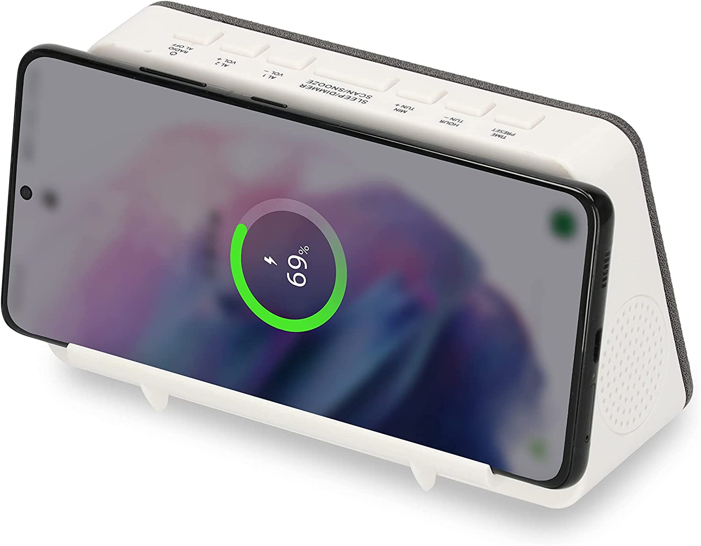 AIC - Radioreloj Despertador FM con Base de Carga inalámbrica QI para móviles, 10 Emisoras, Función de Alarma dual, Puerto de Carga USB, Atenuador "dimmer" de 3 pasos. Mod. WM3020i