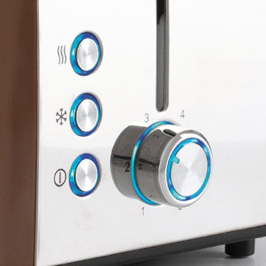 Tostador Retro con Diseño Vintage Color Copper Tech y Soft Cream. Cocina elegante. Tostador 900 W, 2 ranuras con accesorio para bollería. Ajuste de tostado. Funciones Descongelar Recalentar y Cancelar. Panel luces LED. Bandeja Recogemigas extraíble. Bolsa para Tostador Incluida
