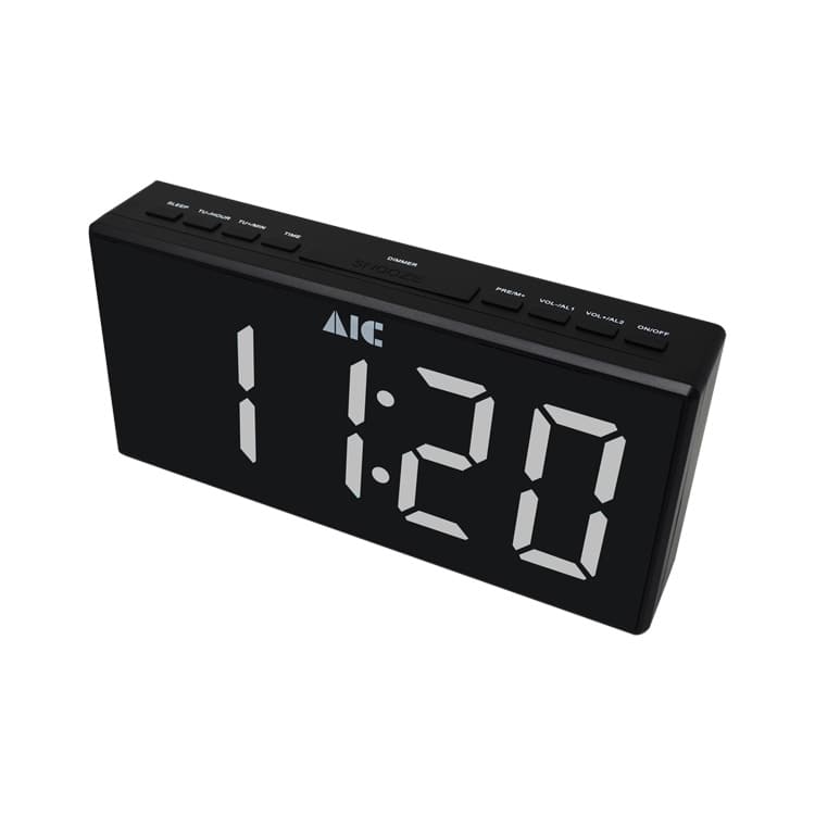 AIC - Radioreloj Despertador FM con gran pantalla LED blanca tamaño "Jumbo" de 24 x 11 cm, Alarma dual, Atenuador "dimmer" de 5 pasos, Función de repetición, Alarma de día de la semana. Mod. 48XXL