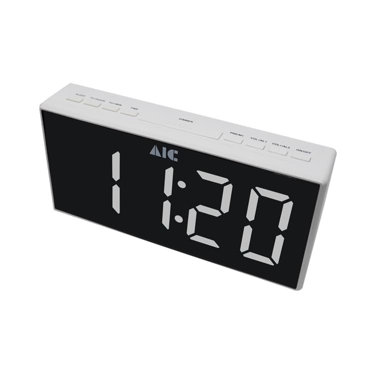 AIC - Radioreloj Despertador FM con gran pantalla LED blanca tamaño "Jumbo" de 24 x 11 cm, Alarma dual, Atenuador "dimmer" de 5 pasos, Función de repetición, Alarma de día de la semana. Mod. 48XXL