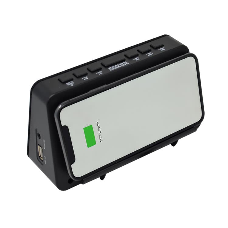 AIC - Radioreloj Despertador FM con Base de Carga inalámbrica QI para móviles, 10 Emisoras, Función de Alarma dual, Puerto de Carga USB, Atenuador "dimmer" de 3 pasos. Mod. WM3020i