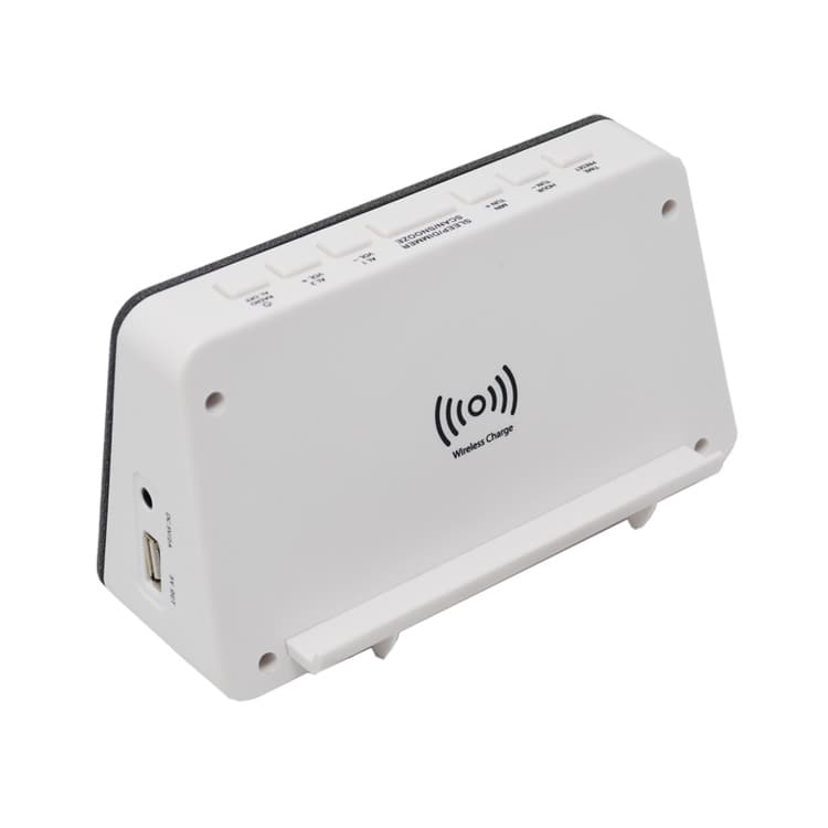 AIC - Radioreloj Despertador FM con Base de Carga inalámbrica QI para móviles, 10 Emisoras, Función de Alarma dual, Puerto de Carga USB, Atenuador "dimmer" de 3 pasos. Mod. WM3020i