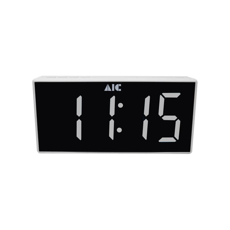 AIC - Radioreloj Despertador FM con gran pantalla LED blanca tamaño "Jumbo" de 24 x 11 cm, Alarma dual, Atenuador "dimmer" de 5 pasos, Función de repetición, Alarma de día de la semana. Mod. 48XXL