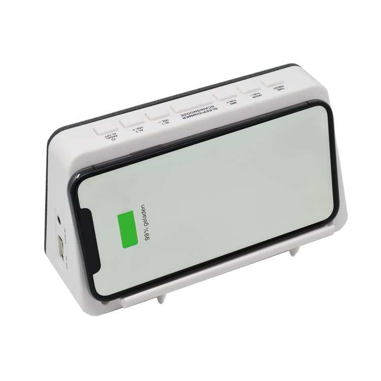 AIC - Radioreloj Despertador FM con Base de Carga inalámbrica QI para móviles, 10 Emisoras, Función de Alarma dual, Puerto de Carga USB, Atenuador "dimmer" de 3 pasos. Mod. WM3020i